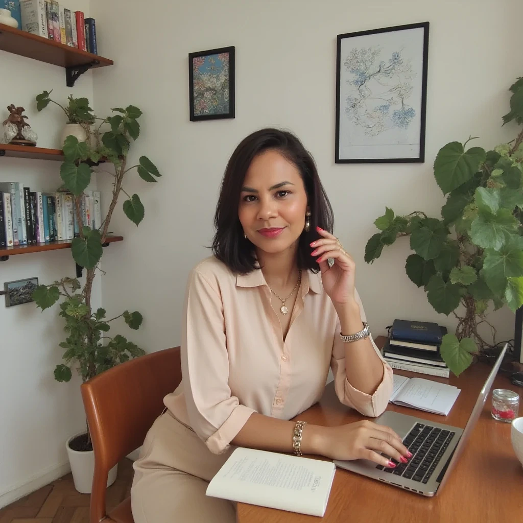 Brisa Santos, fundadora da Breeze Marketing Digital, sentada à mesa de trabalho